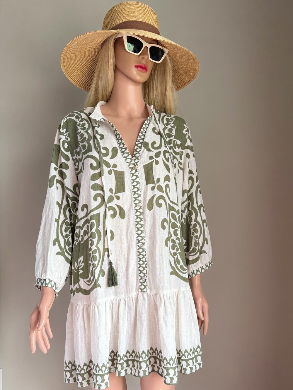 Zara White Tunic Dress with Olive motifs